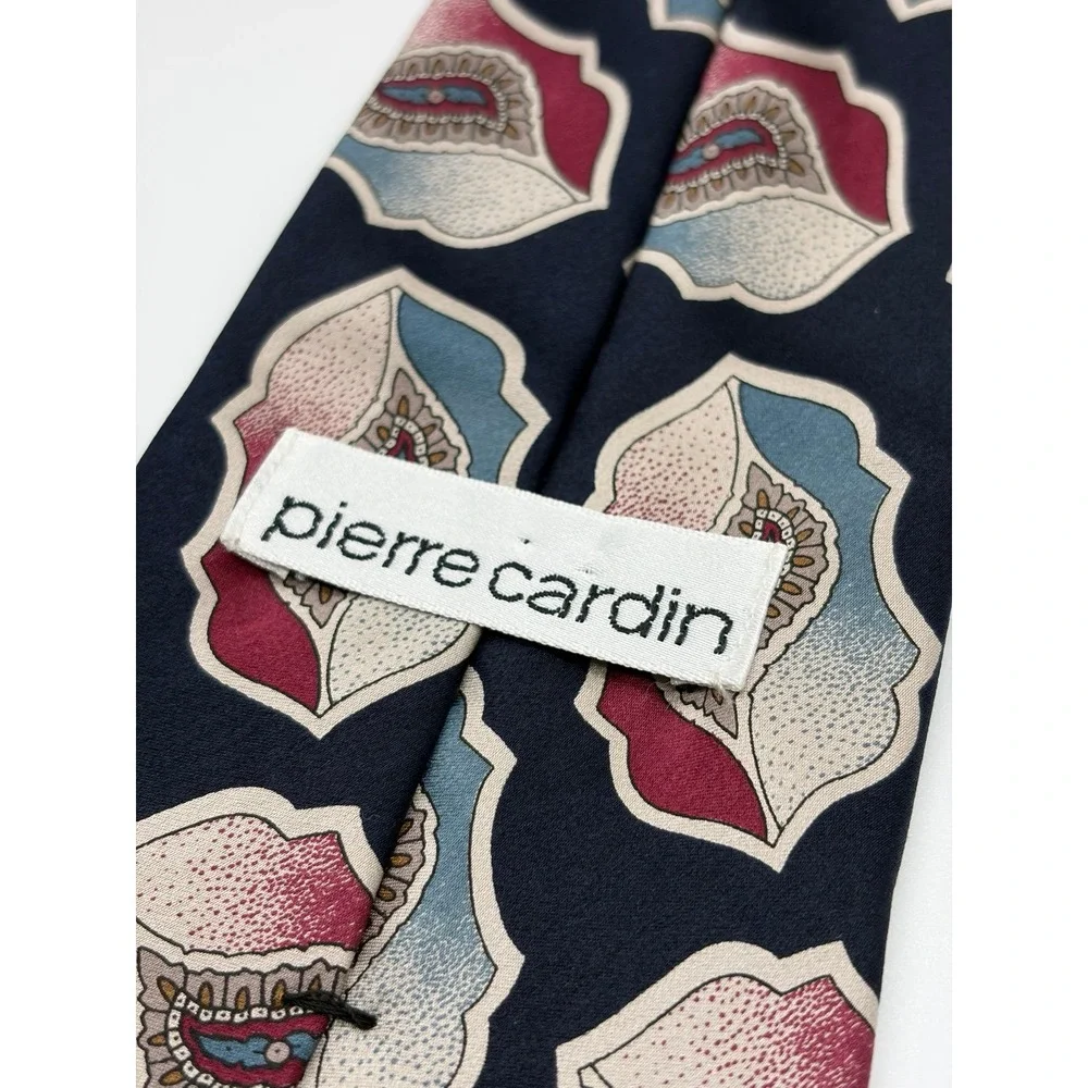 Pierre Cardin 100% Silk Necktie, Geometric/Paisley Motif Pattern, Navy/Red/Cream